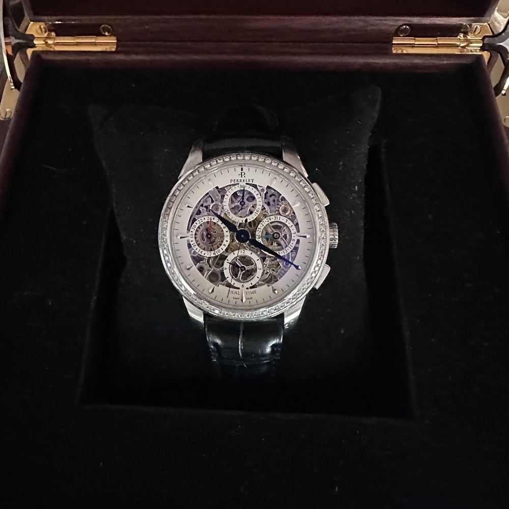 Perrelet Chronograph Skeleton watch with diamonds bezel.